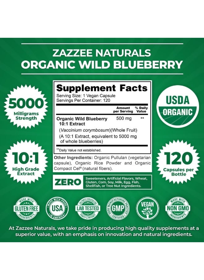 Whole Fruit Blueberry Extract 5000 mg Strength 120 Veggie Capsules Potent 10:1 Extract 4 Month Supply Vegan All Natural and Non GMO