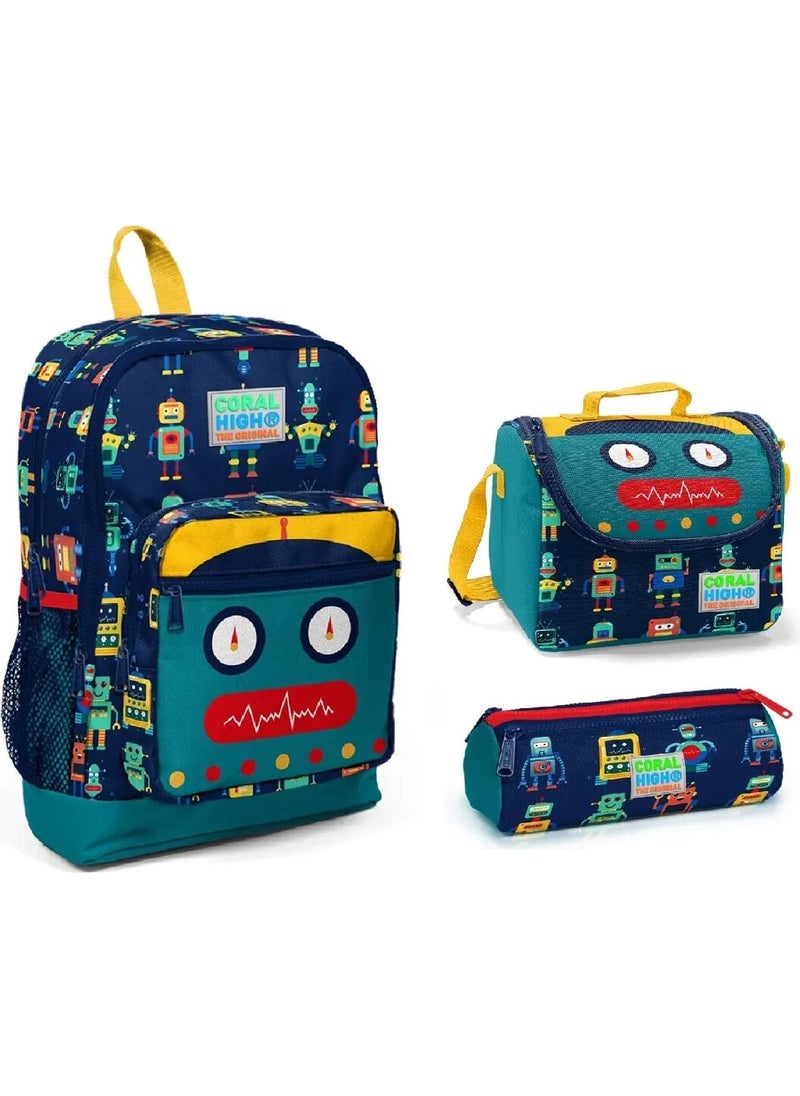 Kids Four Compartment Robot Patterned 3-Piece School Bag Set