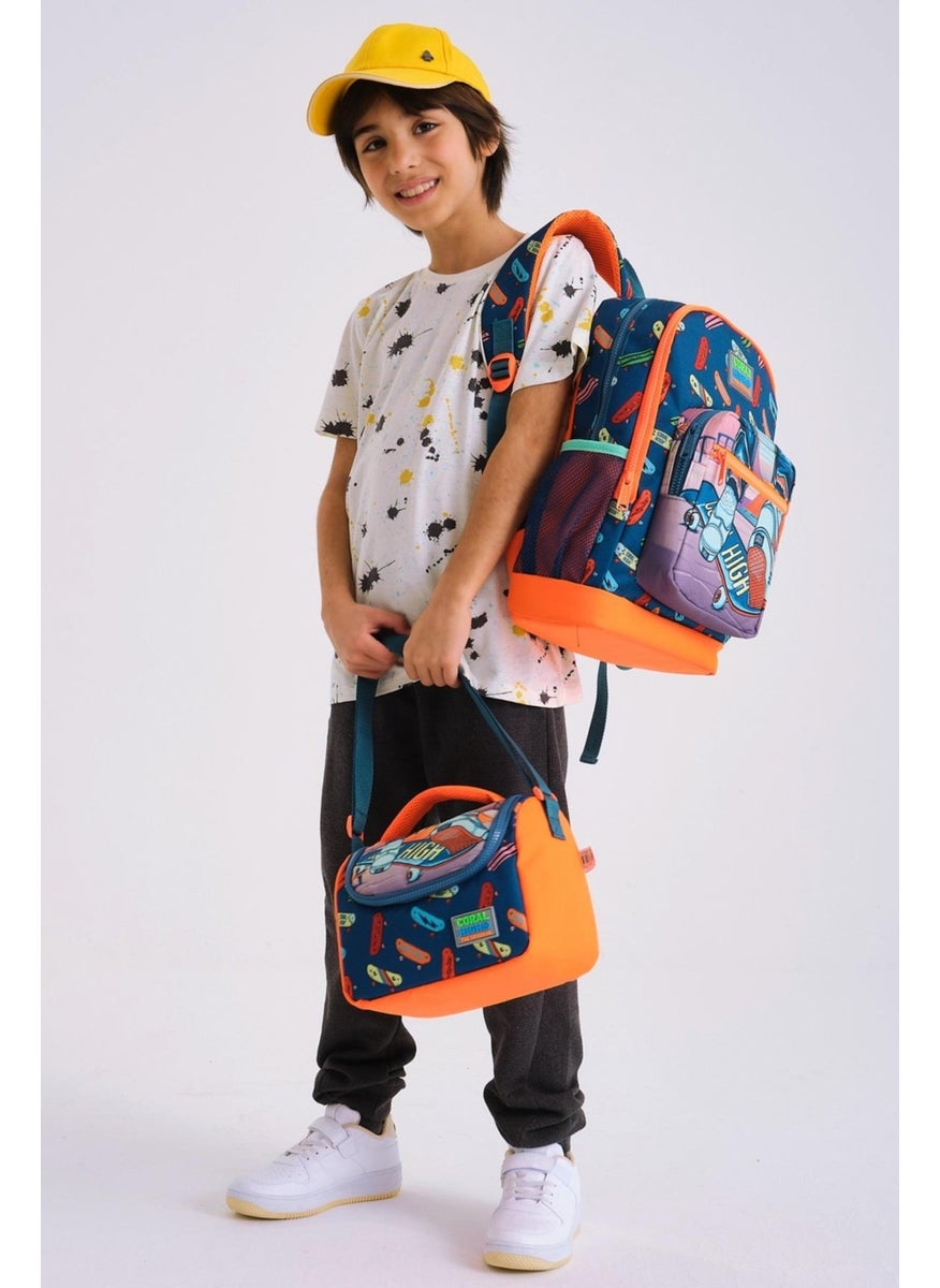Kids Civit Neon Orange Skateboard Patterned 3-Piece School Bag Set SET0123723