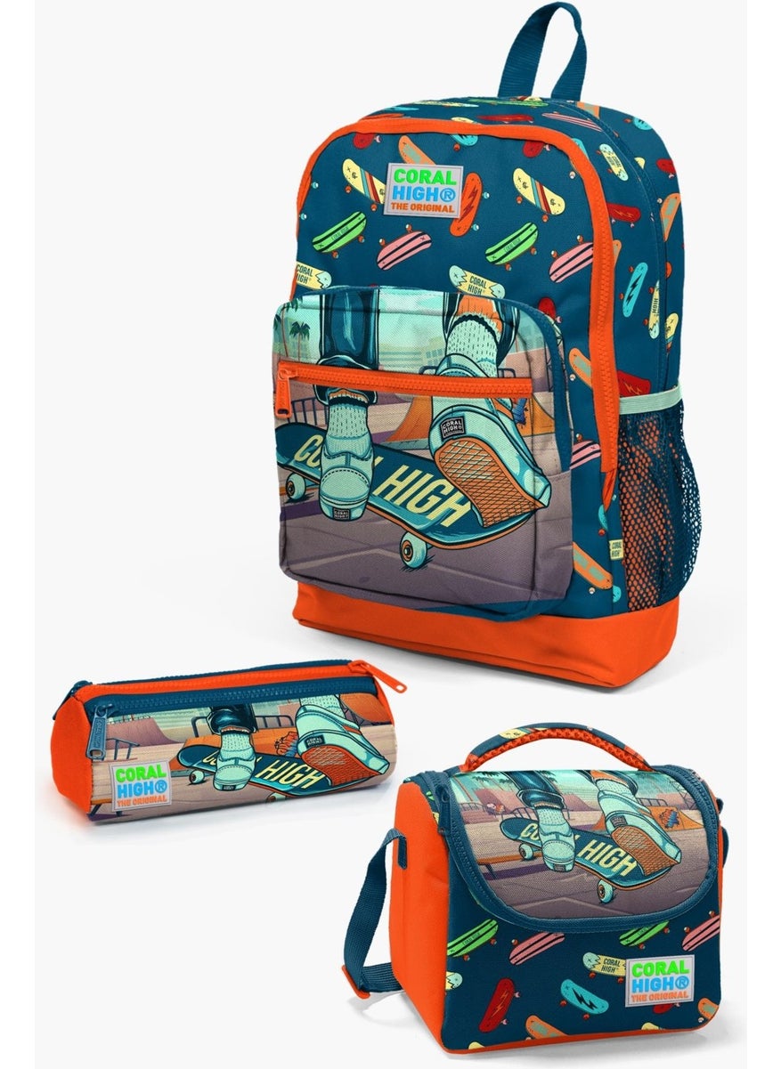 Kids Civit Neon Orange Skateboard Patterned 3-Piece School Bag Set SET0123723
