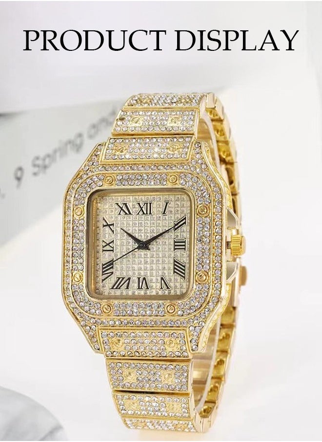Men's Diamond Watch, Square Quartz Watch, With Roman Scale Diamond Inlaid Steel Strip Fashion Watch，Suitable For Daily, Business And Party Use, Gold