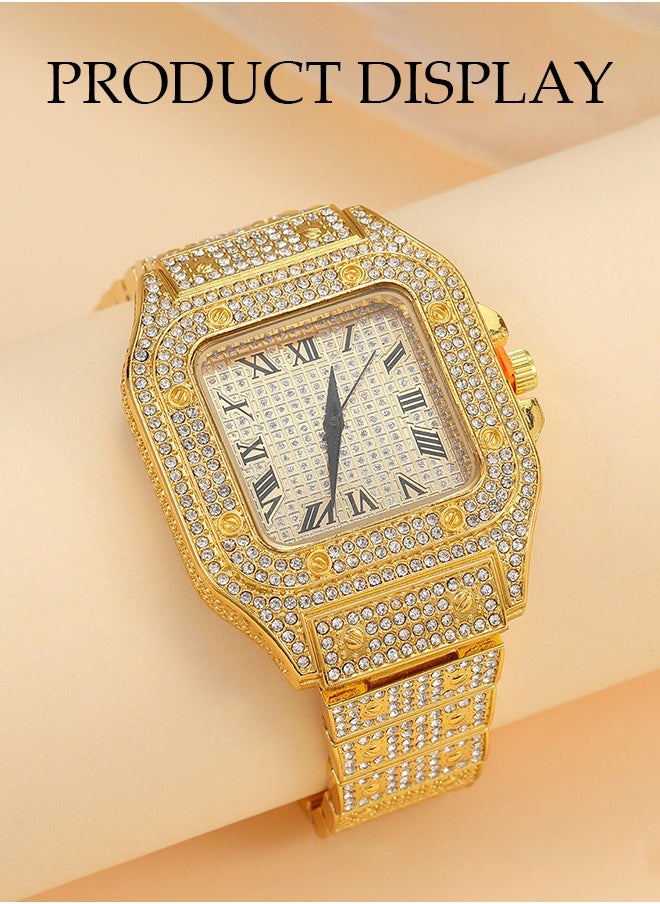 Men's Diamond Watch, Square Quartz Watch, With Roman Scale Diamond Inlaid Steel Strip Fashion Watch，Suitable For Daily, Business And Party Use, Gold