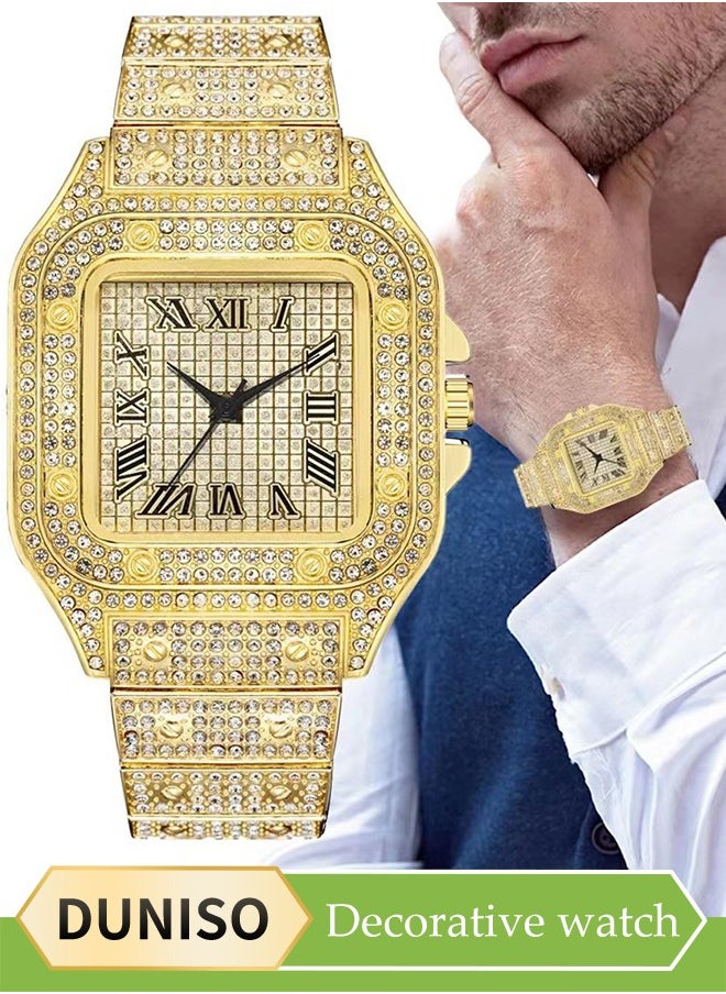 Men's Diamond Watch, Square Quartz Watch, With Roman Scale Diamond Inlaid Steel Strip Fashion Watch，Suitable For Daily, Business And Party Use, Gold