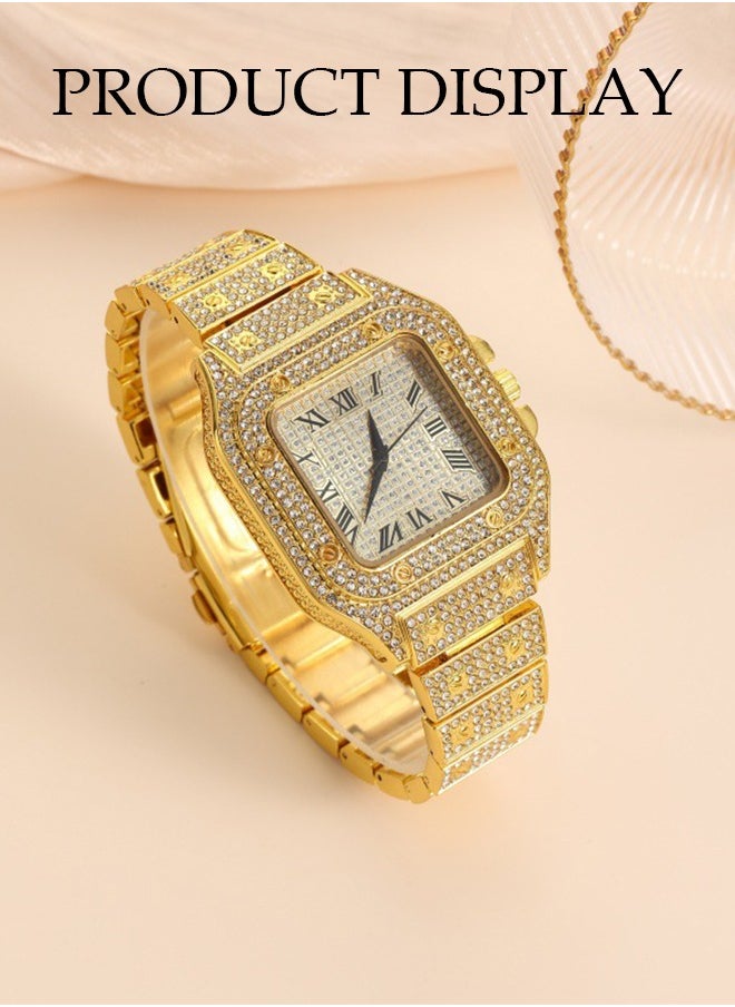 Men's Diamond Watch, Square Quartz Watch, With Roman Scale Diamond Inlaid Steel Strip Fashion Watch，Suitable For Daily, Business And Party Use, Gold