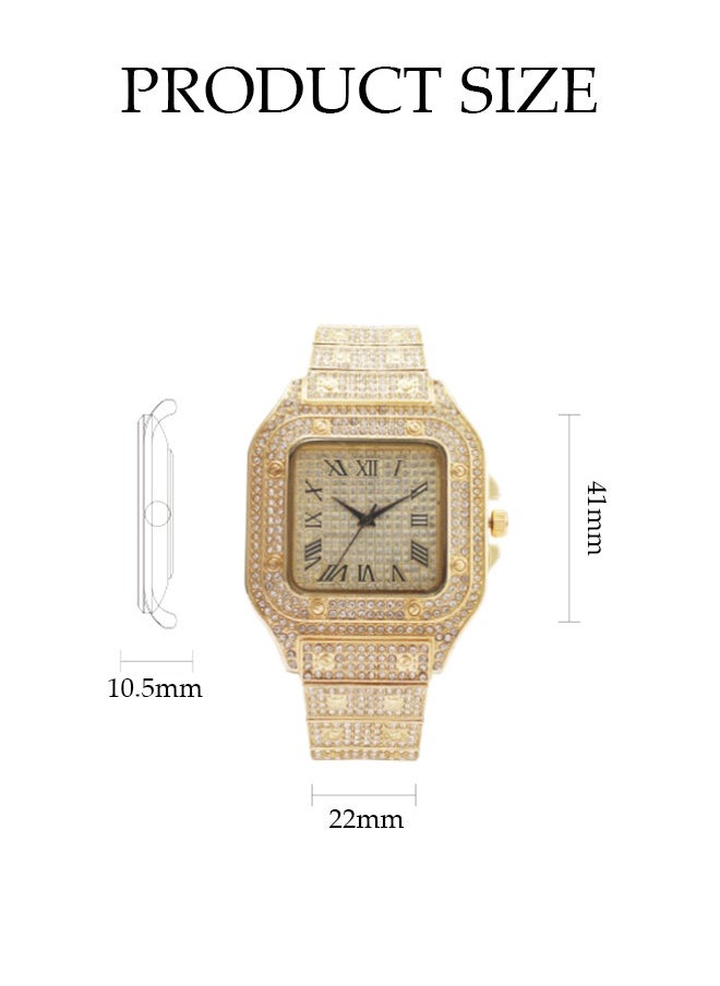 Men's Diamond Watch, Square Quartz Watch, With Roman Scale Diamond Inlaid Steel Strip Fashion Watch，Suitable For Daily, Business And Party Use, Gold