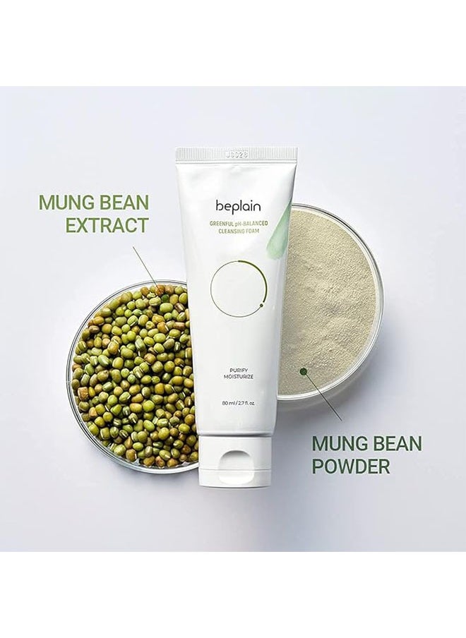 Mung Bean PH Balanced Cleansing Foam 80ml, Gentle Scent Free Natural Cleanser, Face Wash for Acne prone, Dry, Oily Skin