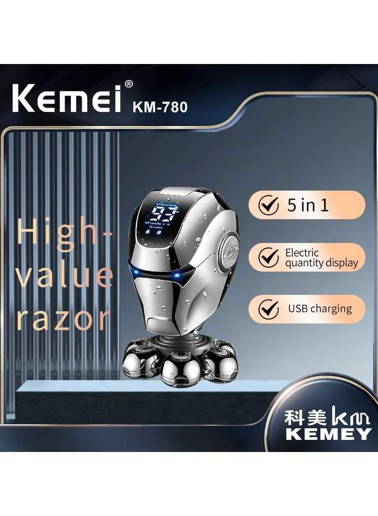 Kemei 5-in-1 Men's Grooming Kit – Electric Shaver with T-Blade, Nose Trimmer, Face Wash Brush, Massager & Precision Shaver, 60 Min Runtime, USB Rechargeable multicolour