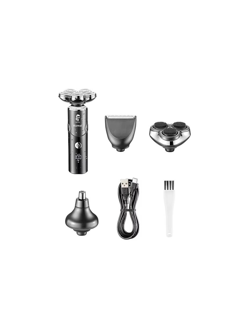 4-in-1 Men's Foldable Electric Shaver Set with Staggered Head Blades, IPX4 Waterproof, Rechargeable & Water-Washable for a Closer Shave Black