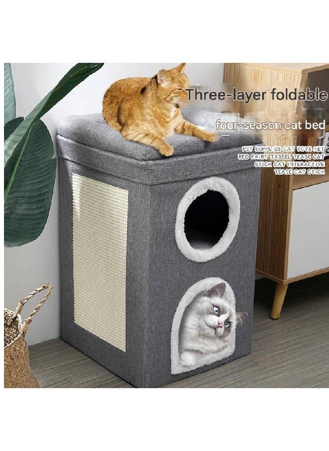 Three-Layer Foldable Four-Season Cat Bed with Interactive Design