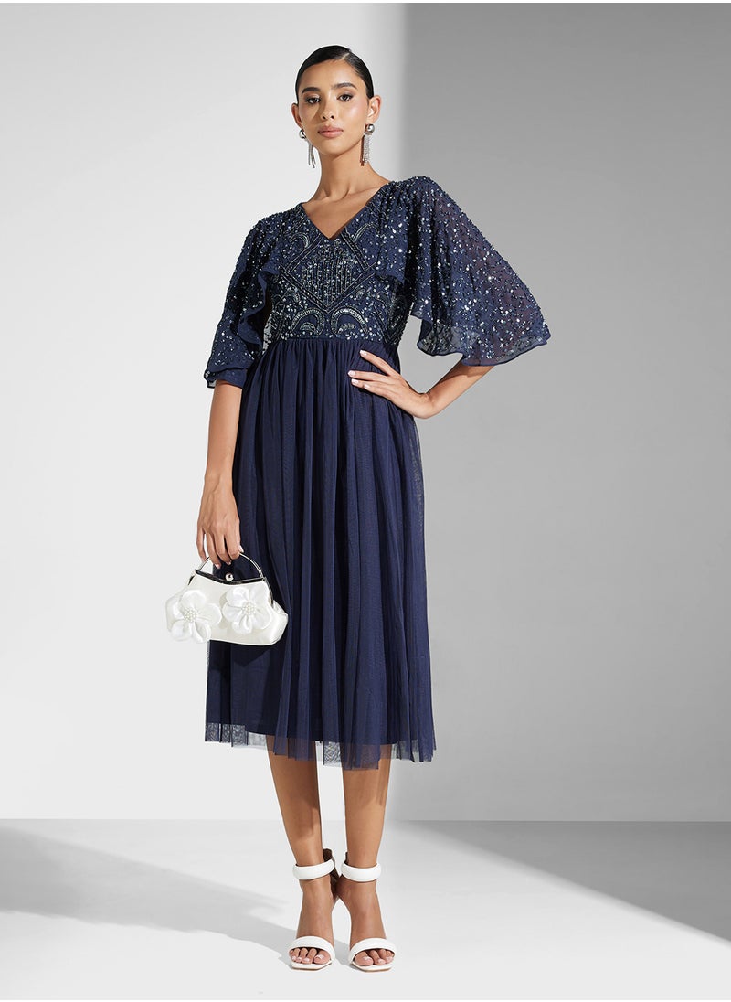 Embellished V-Neck Mesh Detailed Dress