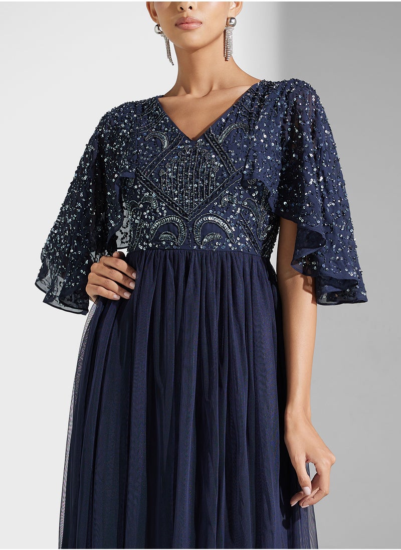 Embellished V-Neck Mesh Detailed Dress