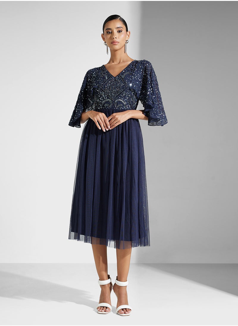 Embellished V-Neck Mesh Detailed Dress