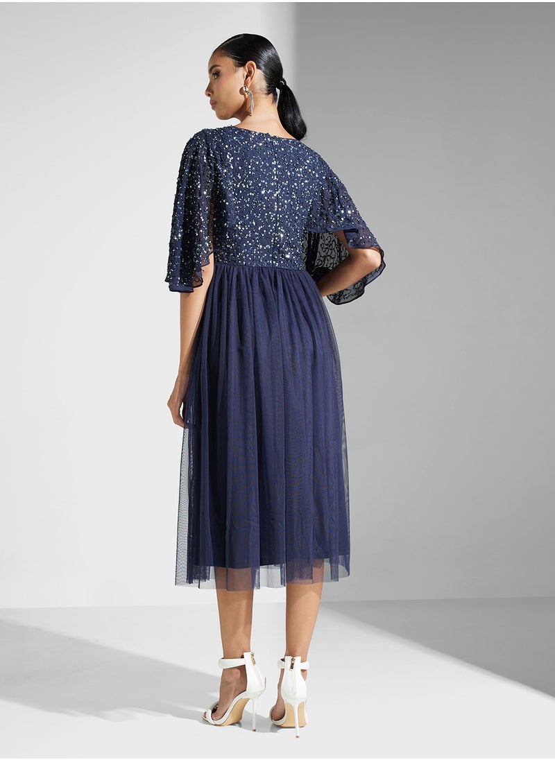 Embellished V-Neck Mesh Detailed Dress