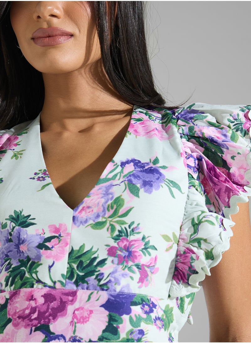 Frill Sleeve V-Neck Top With Lace Trims
