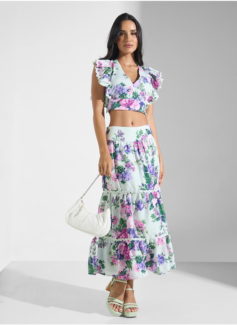 Frill Sleeve V-Neck Top With Lace Trims