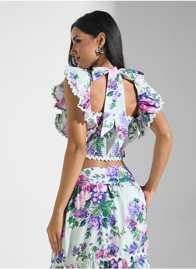 Frill Sleeve V-Neck Top With Lace Trims