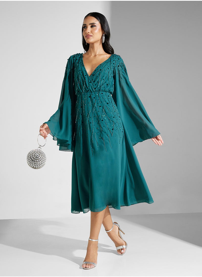 Embellished V-Neck Mesh Detailed Dress