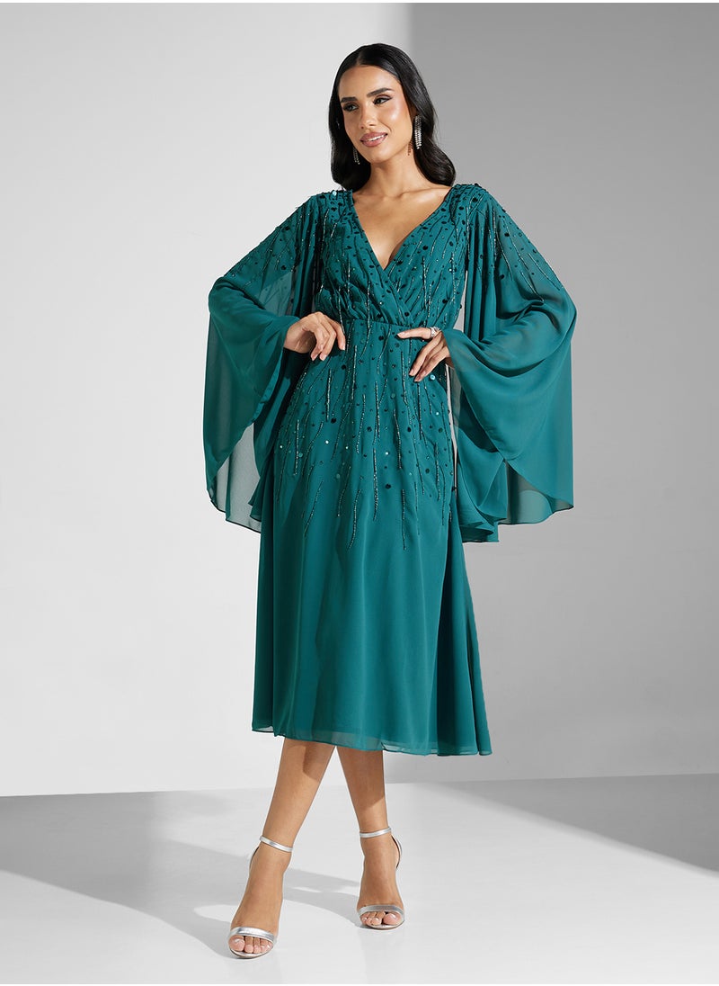 Embellished V-Neck Mesh Detailed Dress