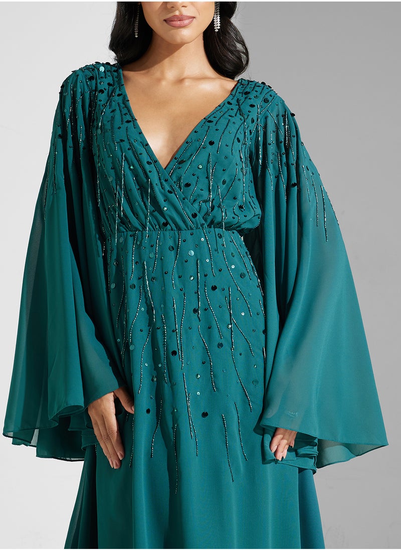 Embellished V-Neck Mesh Detailed Dress