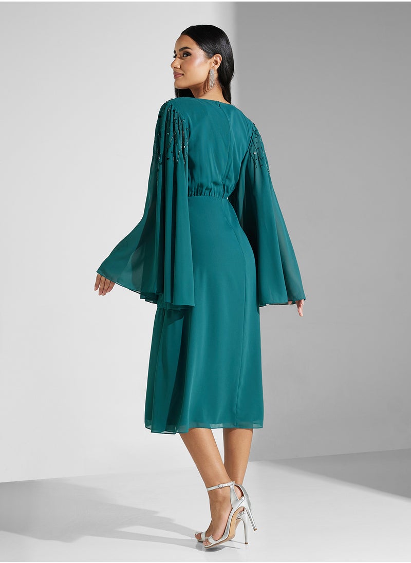 Embellished V-Neck Mesh Detailed Dress