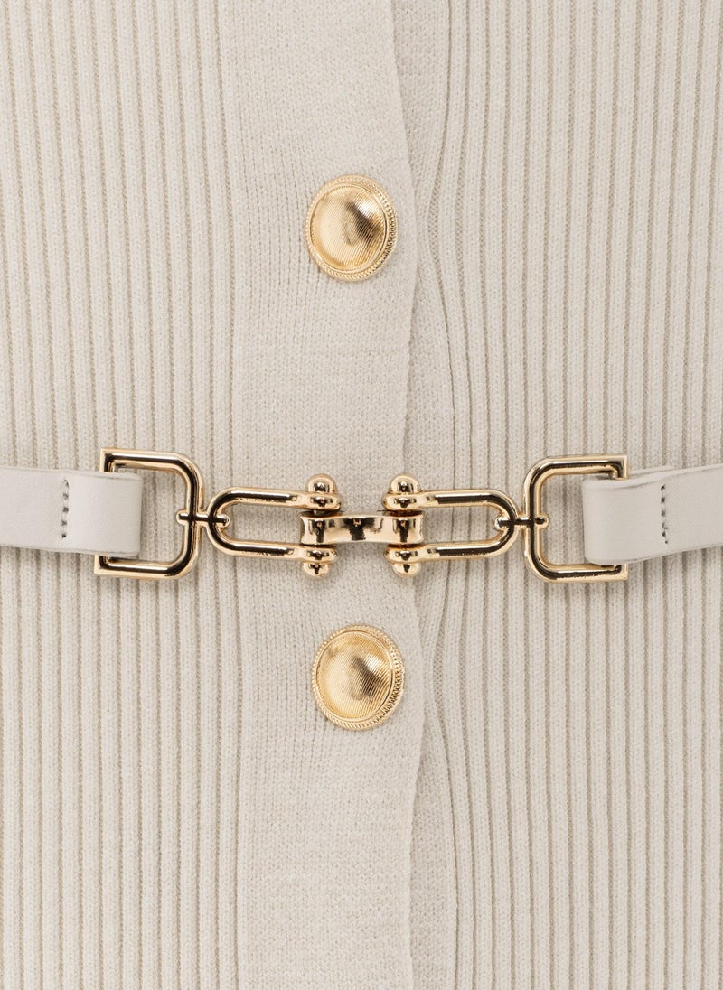 Knitted midi dress with a belt and golden decorations