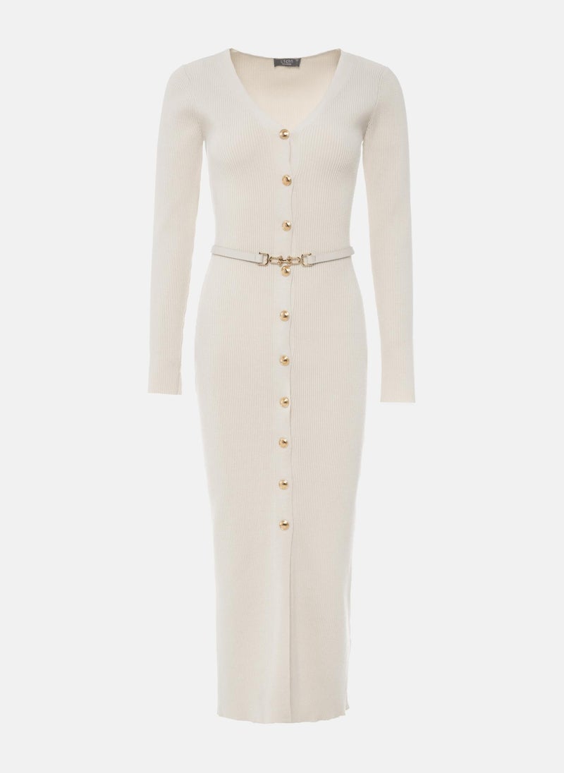 Knitted midi dress with a belt and golden decorations