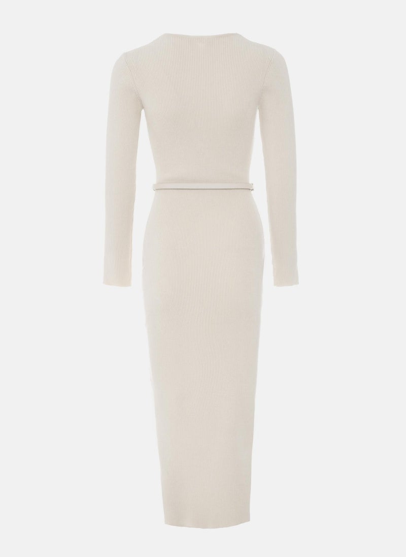 Knitted midi dress with a belt and golden decorations