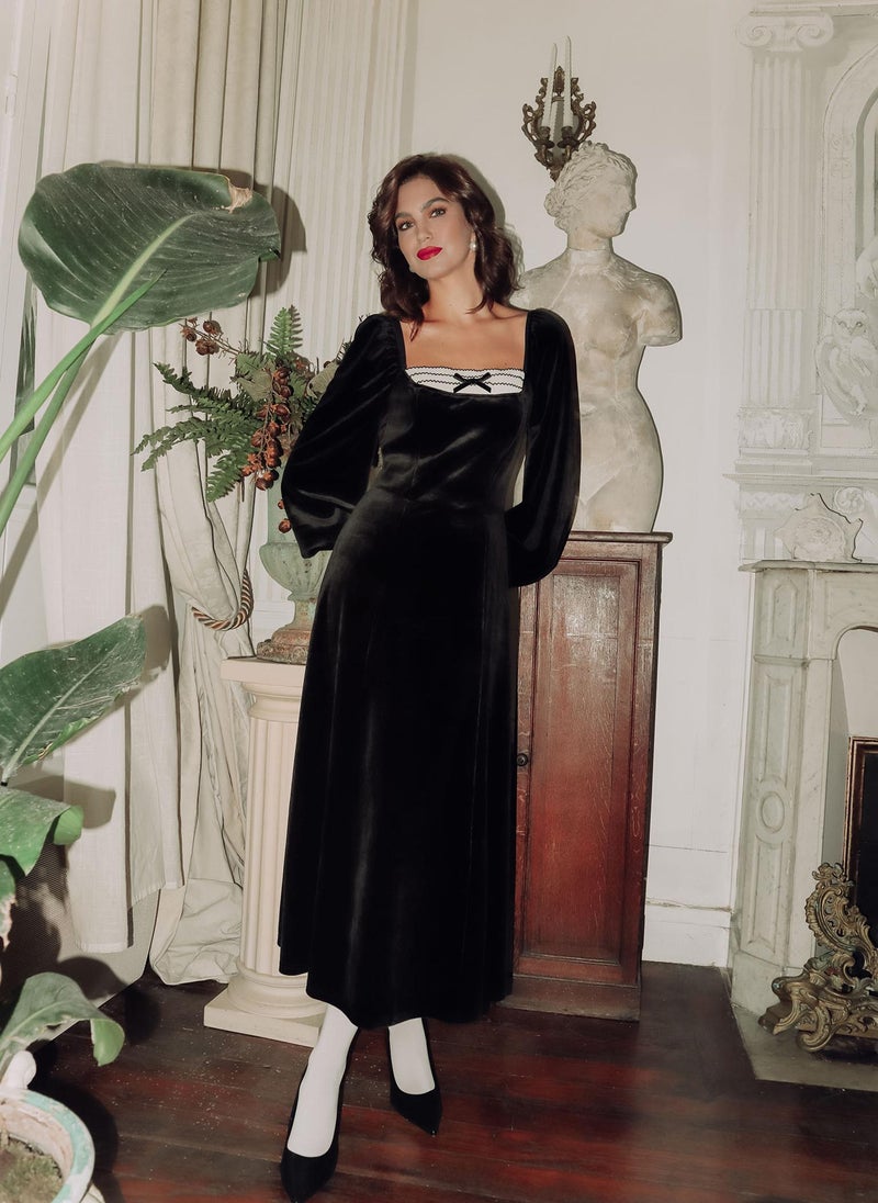 Velvet midi dress with contrasting insert