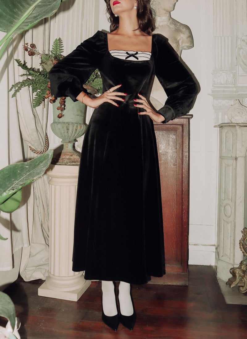 Velvet midi dress with contrasting insert