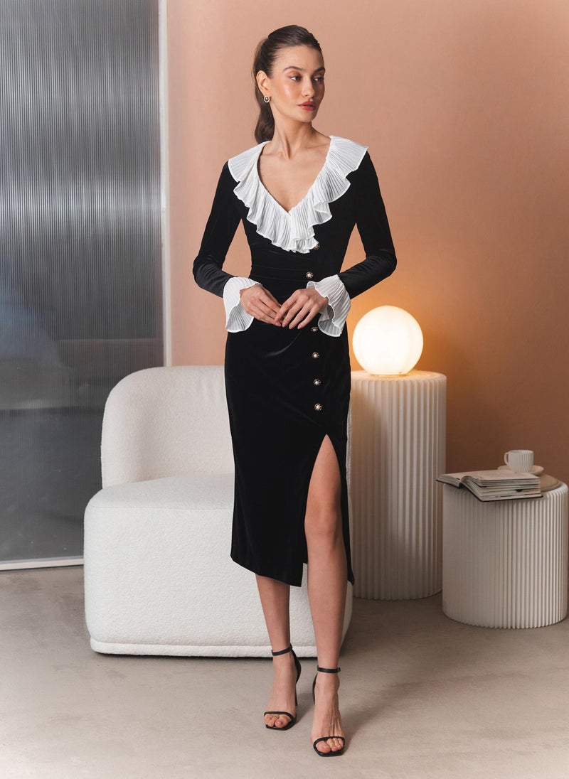 Velvet midi dress with contrasting details