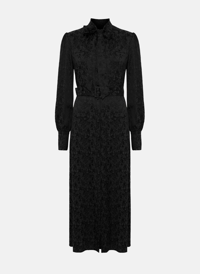 Midi dress with collar bow and tonal belt
