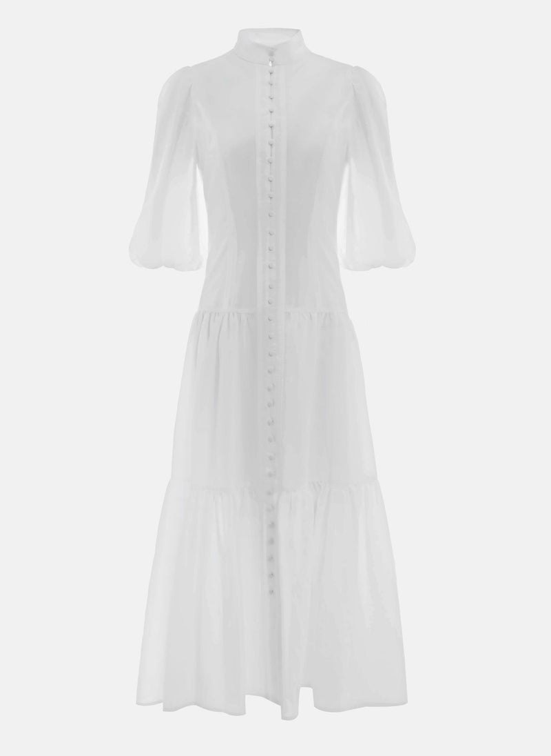 Lightweight midi dress in textured fabric with voluminous sleeves