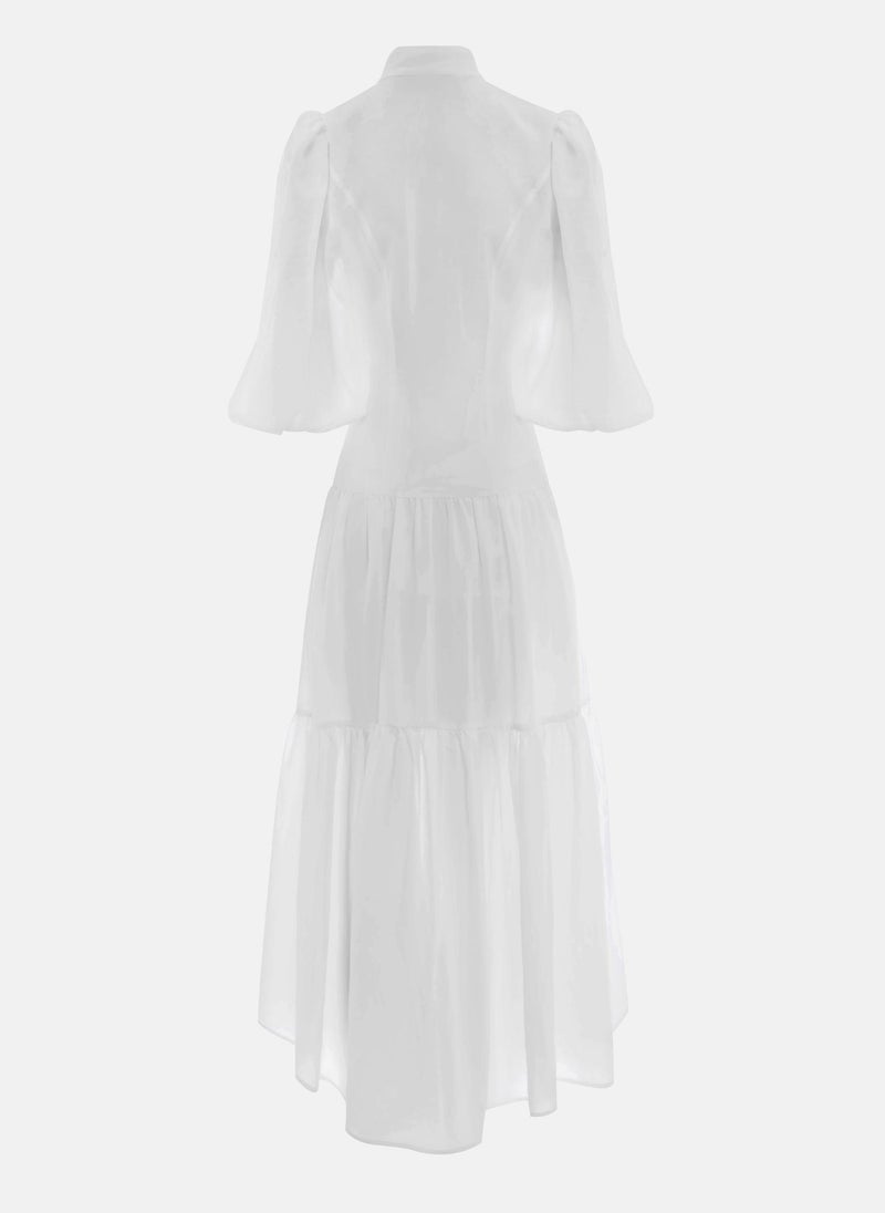 Lightweight midi dress in textured fabric with voluminous sleeves