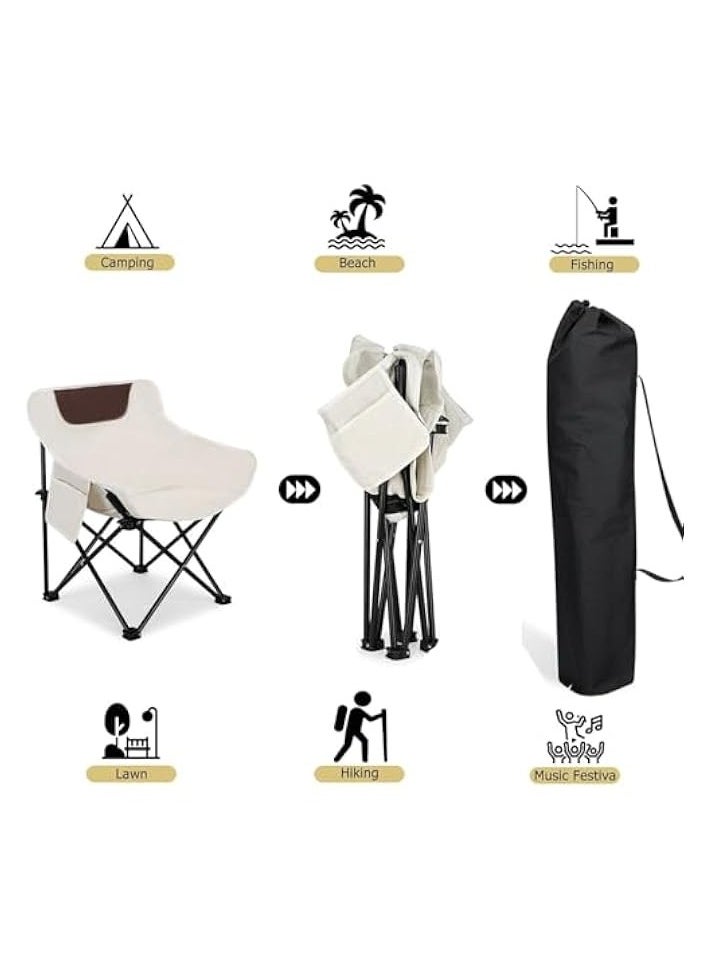 2 PCS Folding Moon Chair - Camping Chair with Side Pocket, Foldable Backpacking Chair Ultra Durable with Camping Light for BBQ, Hiking, Fishing, Picnic (White)