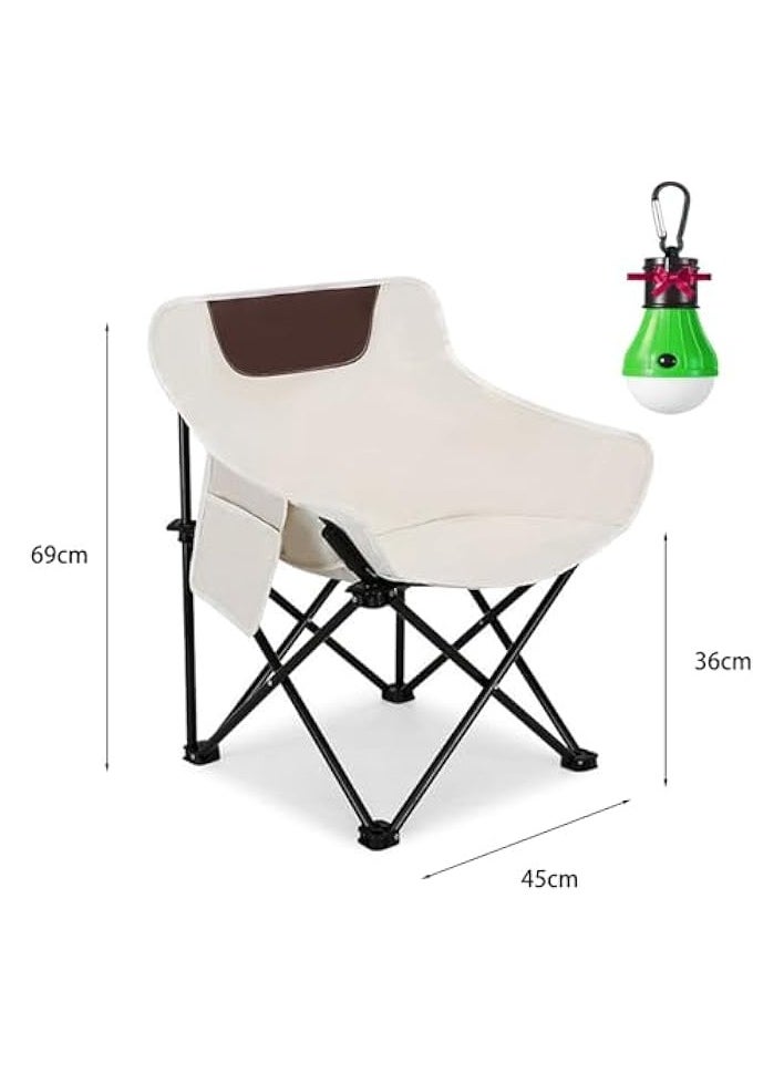2 PCS Folding Moon Chair - Camping Chair with Side Pocket, Foldable Backpacking Chair Ultra Durable with Camping Light for BBQ, Hiking, Fishing, Picnic (White)