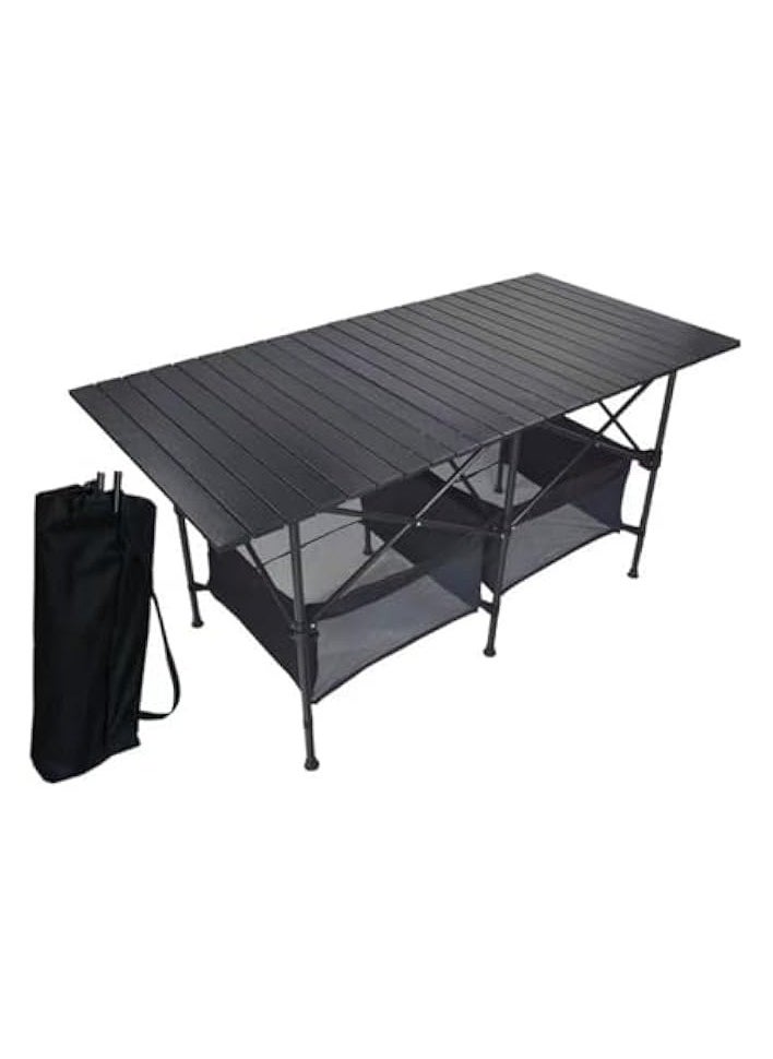 Foldable Camping Table, Large Portable Roll-up Picnic Table with Mesh Storage Bag, Adjustable Height Patio Table for Indoor Outdoor BBQ Beach Fishing Cooking Hiking