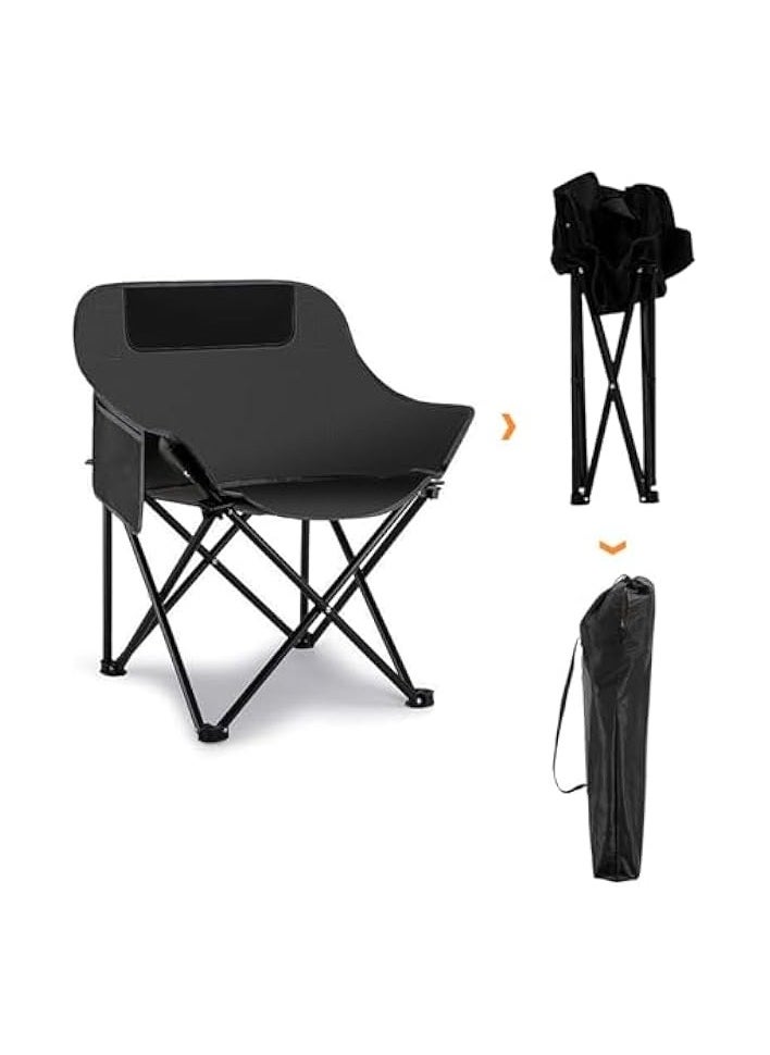 Compact Camping Chair with Side Pocket & Bag, Portable Lightweight Outdoor Folding Chair Moon Chair camping Tent Chair Beach Foldable Adult Balcony Kids Garden Chair Hiking Travel Black