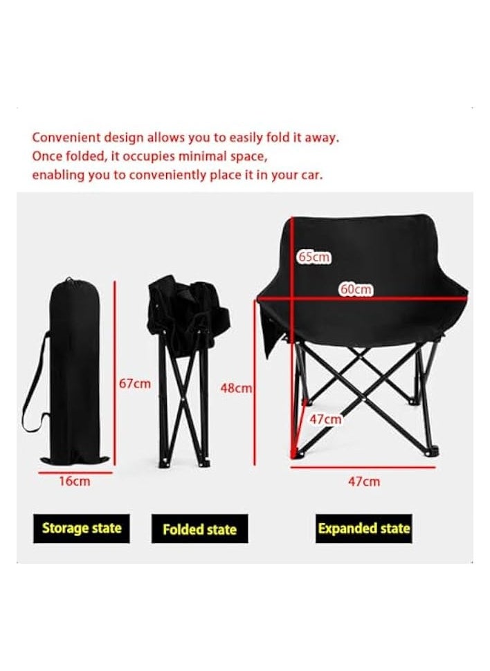 Compact Camping Chair with Side Pocket & Bag, Portable Lightweight Outdoor Folding Chair Moon Chair camping Tent Chair Beach Foldable Adult Balcony Kids Garden Chair Hiking Travel Black