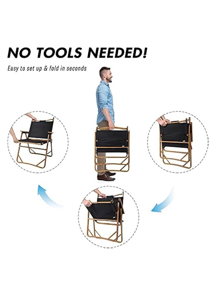 Folding Camping Chair - 420 LBS Heavy Duty Fishing, Compact Beach, Wood Armrest Metal Frame Travel, Lightweight Backpacking - Easy to Fold and Carry (Medium, Black)