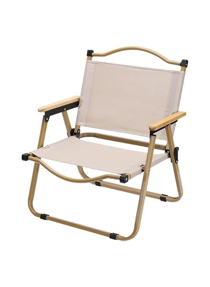 Folding Camping Chair, Ultralight Aluminum Outdoor Beach Chair with Solid Wood Armrest, Portable Collapsible Fishing Chair for Hiking Lawn Picnic (Khaki, Large)