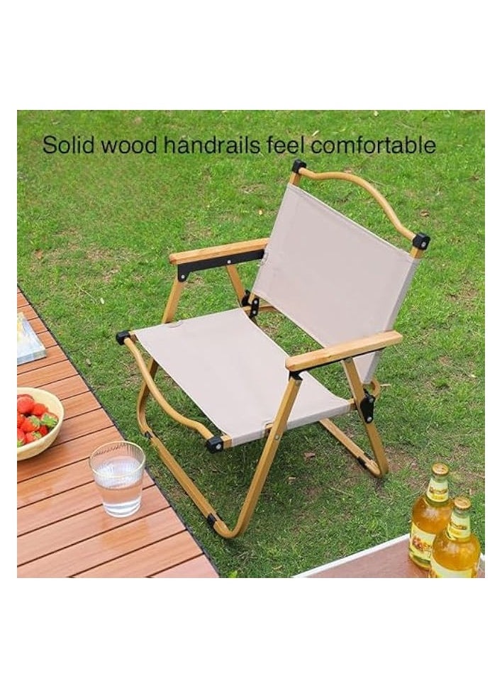 Folding Camping Chair, Ultralight Aluminum Outdoor Beach Chair with Solid Wood Armrest, Portable Collapsible Fishing Chair for Hiking Lawn Picnic (Khaki, Large)