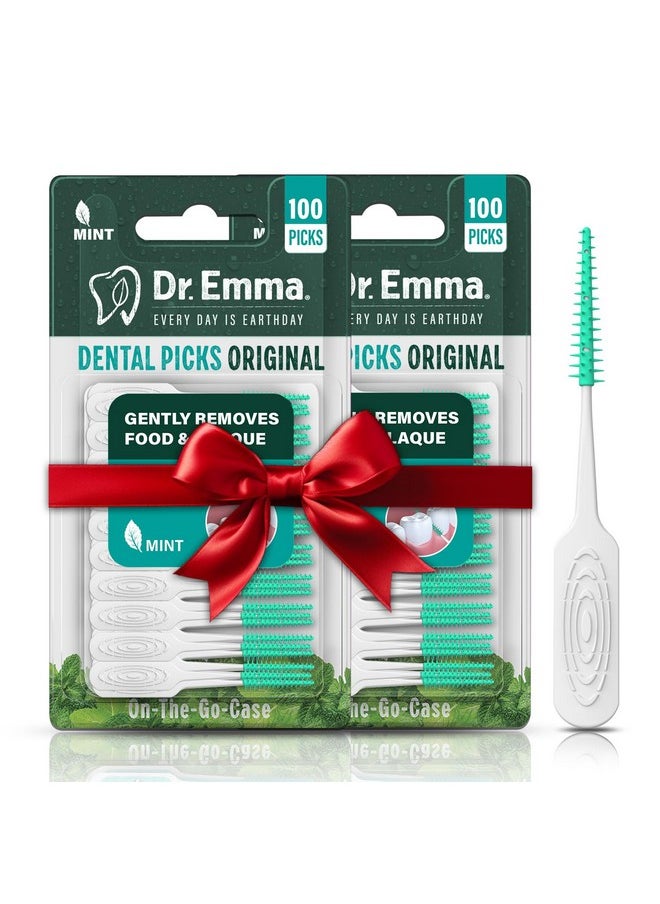 Dr. Emma Original Dental Picks Mint Soft Rubberized Tooth Picks Easy to Use Brush Picks 100Ct/Pack, 2 Packs (200Ct)