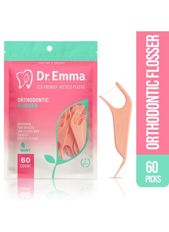 Orthodontic Flossers for Braces, Ortho Dental Floss Picks, Mint Flavor 60 Count/Bag (Pink, 2pack)