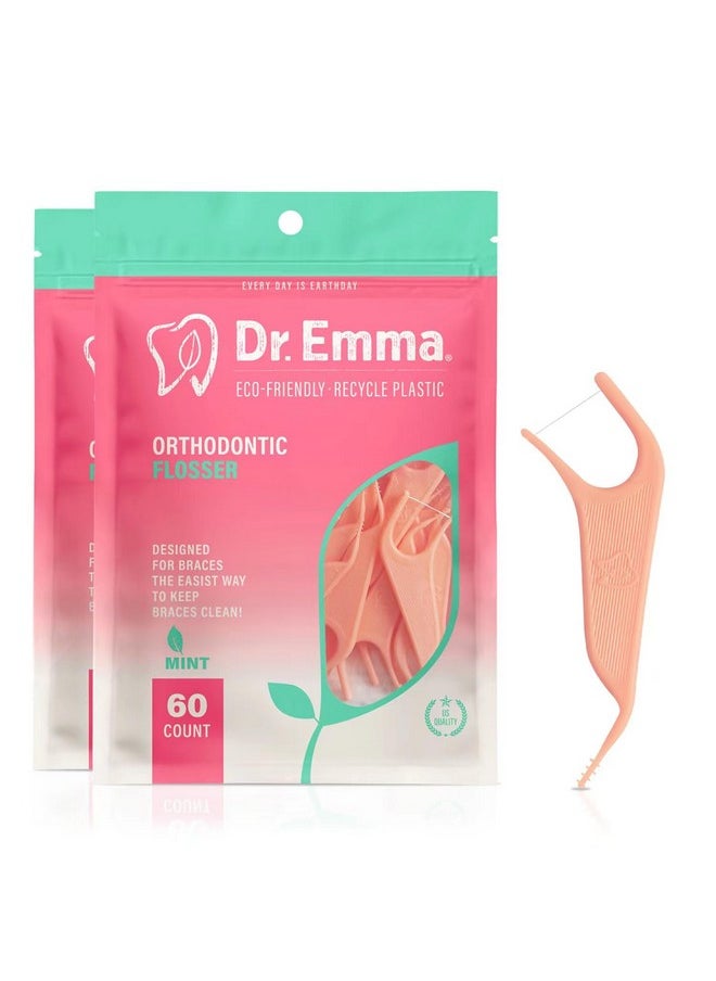 Dr. Emma Orthodontic Flossers for Braces, Ortho Dental Floss Picks, Mint Flavor 60 Count/Bag (Pink, 2pack)