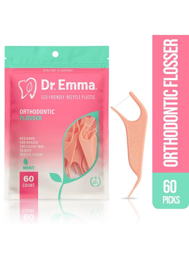 Dr. Emma Orthodontic Flossers for Braces, Ortho Dental Floss Picks, Mint Flavor 60 Count/Bag (Pink, 2pack)