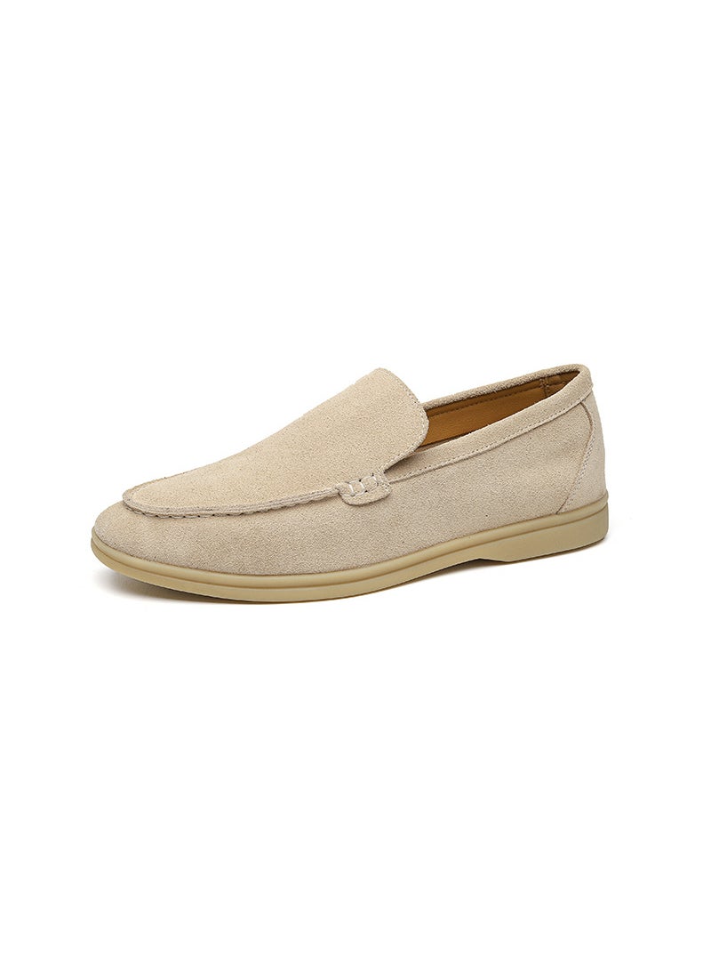 2023 New Mens Shoes Autumn Lazy Step-Pulled Bean Shoes Breathable Business Casual Leather Shoes 8253-R Non-Leather Rubber Sole Beige