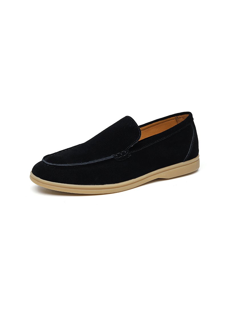 2023 New Mens Shoes Autumn Lazy Step-Pulled Bean Shoes Breathable Business Casual Leather Shoes 8253-R Non-Leather Rubber Sole Black Inner height increasing
