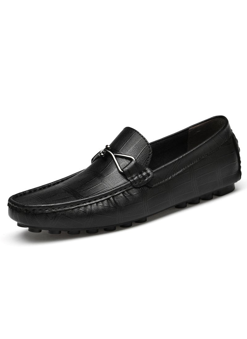 Summer New Style Casual Cow Leather Shoes Mens Fashionable Korean Version An Increase of 6CMCe Breathable Rubber Sole Shoes Black [flat bottom]]