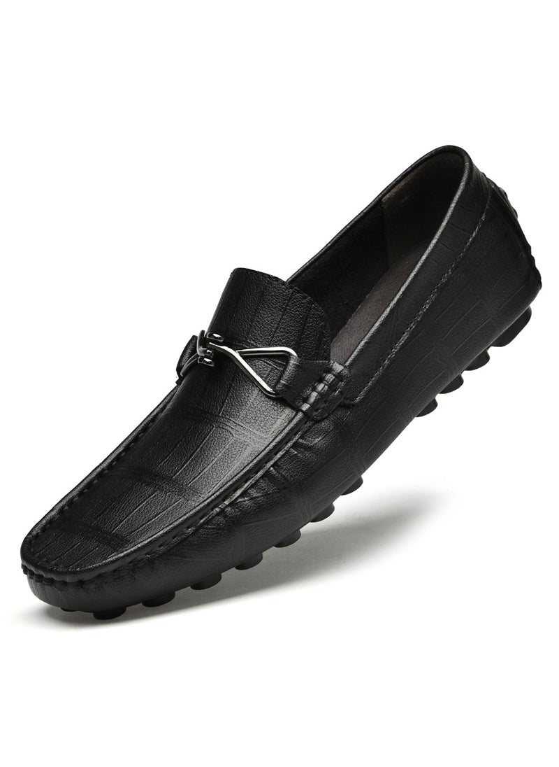Summer New Style Casual Cow Leather Shoes Mens Fashionable Korean Version An Increase of 6CMCe Breathable Rubber Sole Shoes Black [increased by 6cm]]