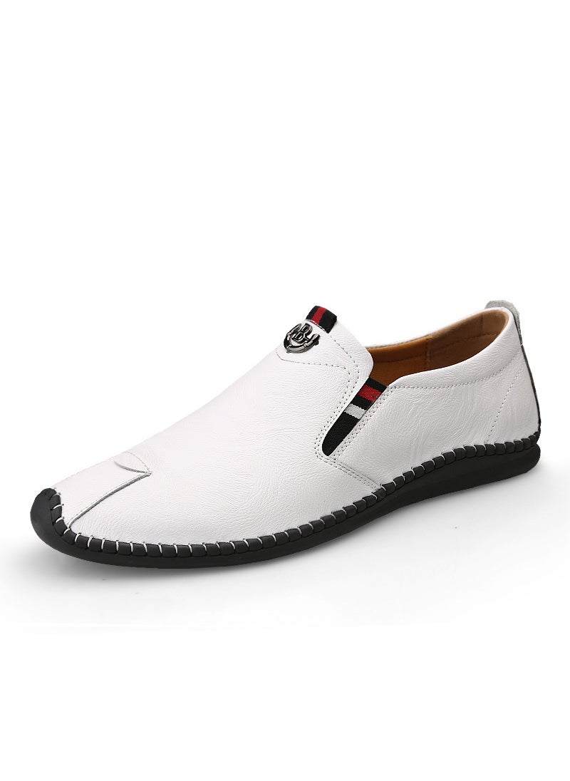 Mens Casual Pointed Toe Bean Shoes Summer Trendy Fashionable Korean Style Leather Shoes Comfortable Rubber Sole Youth Suitable 1906bai